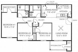 Floor plan for 3 beds, 2 baths, 1145 sqft